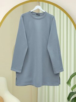 Yuvarlak Yaka Yırtmaçlı Salaş Penye Gri Tunik