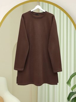 Yuvarlak Yaka Yırtmaçlı Salaş Penye Kahve Tunik