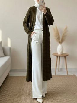 Zikzak Desenli Uzun Triko Haki Hırka