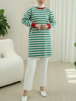 Zümrüt Yeşili Renkli Çizgili Yuvarlak Yaka Sweat