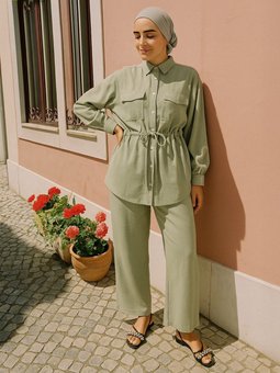 Belden Bağlamalı Modal Tunik Pantolon İkili Krem Takım