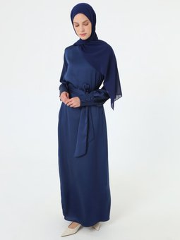 Beli Bağlamalı Manşetli Saten Lacivert Elbise