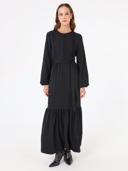 Brit Düğmeli Nervür Detaylı Siyah Elbise