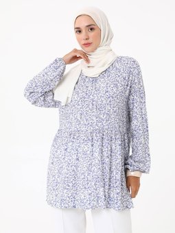Çiçek Baskılı Viskon Mavi Desenli Tunik