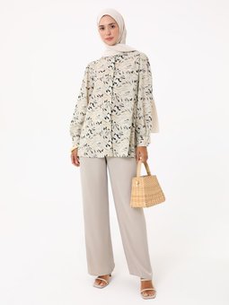 Çiçek Baskılı Vual Krem Tunik