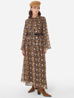 Çiçek Desenli Önü Patlı Şifon Sarı Elbise