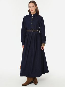 Denim Balon Etekli Kuşaklı Koyu Lacivert Elbise