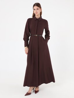 Deri Kemer Detaylı Yarım Patlı Kahverengi Elbise