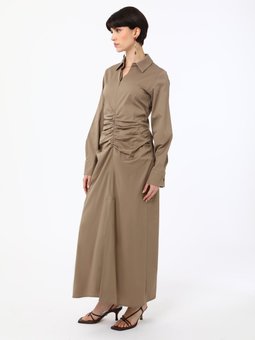 Fermuar Ve Büzgü Detaylı Poplin Vizon Elbise