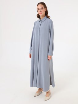 Gri Mavi Gömlek Yaka Uzun Tunik