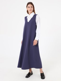 Kalın Askılı Cep Detaylı Lacivert Elbise