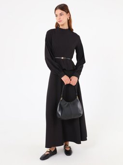 Kemer Detaylı Volanlı Gömlek & Etek Siyah Takım