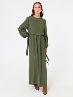 Kolları Pile Detaylı Haki Elbise