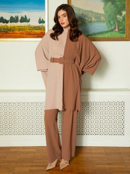 Kontras Renkli Kemer Detaylı Tunik & Pantolon Bej Takım Vizon