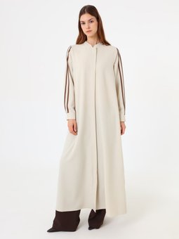 Krep Kumaşlı Çizgili Şerit Detaylı Kap / Krem Pardesü Tas Rengi