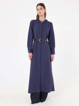 Krep Kumaşlı Yakası Fırfır Detaylı Kap / Lacivert Pardesü