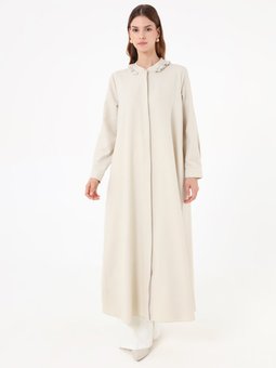 Krep Kumaşlı Yakası Fırfır Detaylı Kap / Tas Rengi Pardesü