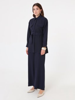 Kuşaklı Gömlek Tunik Ve Bol Paça Pantolon İkili Lacivert Takım