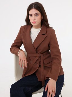 Kuşaklı Kruvaze Kapama Blazer Koyu Vizon Ceket