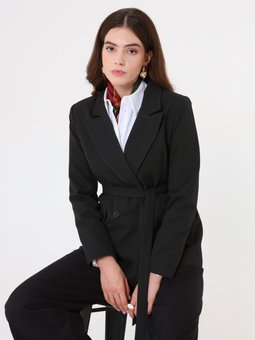Kuşaklı Kruvaze Yaka Blazer Siyah Ceket