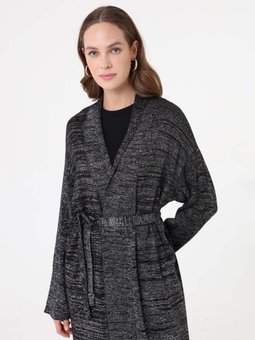 Kuşaklı Uzun Triko Siyah Hırka