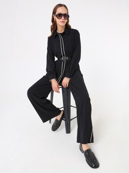 Medine İpeği Kumaşlı Kontras Renkli Gömlek & Pantolon Siyah Takım