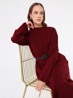 Önü Dikiş Detaylı Tunik & Etek Triko Bordo Takım