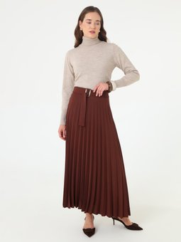 Piliseli Kemik Toka Detaylı Uzun Aci Kahve Etek