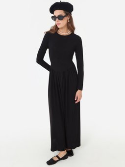 Sandy Kumaşlı Beli Korse Detaylı Siyah Elbise