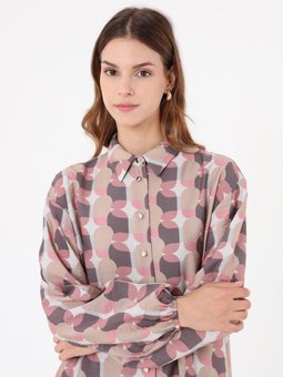 Soyut Balon Kollu Uzun Desenli Tunik