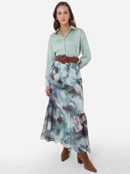 Soyut Büzgü Detaylı Mavi Desenli Etek