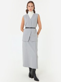 Yakasız Kulp Detaylı Gri Yelek