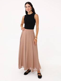 Yüksek Bel Yandan Fermuarlı Şifon Sutlu Kahve Etek