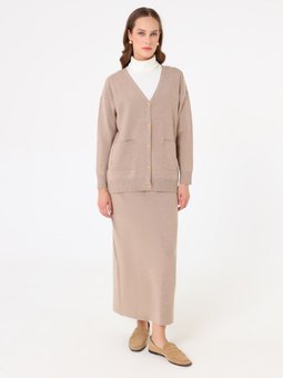 Yumuşak Tuşeli Cep Detaylı Hırka & Etek Triko Vizon Takım