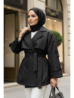 Apolet Detaylı Siyah Trençkot