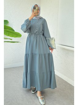 Bel Büzgülü Kat Kat Toz Mavi Elbise
