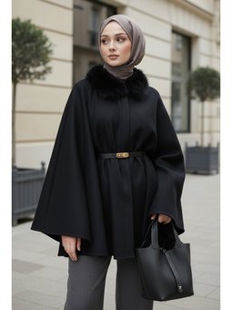 Kürk Yaka Kaşe Siyah Panço