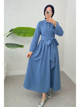 Kuşaklı Çapraz Yaka İndigo Elbise