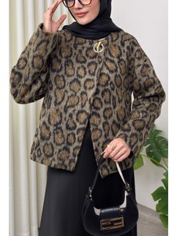 Leopar Desen Kaşe Kahverengi Ceket