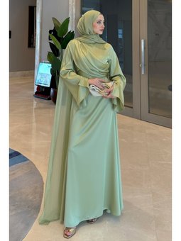 Pelerinli Saten Mint Yeşili Abiye Elbise