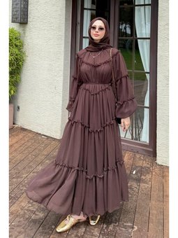 Şifon Fırfırlı Kahverengi Elbise