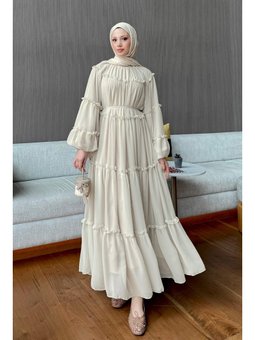 Şifon Fırfırlı Taş Rengi Elbise