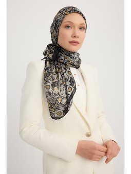 Etnik Bahar Siyah Aurora Desenli Janjan 90x90 Cm Eşarp