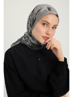 Mercan Bahçesi Siyah Efilia Desenli 90x90 Cm Eşarp