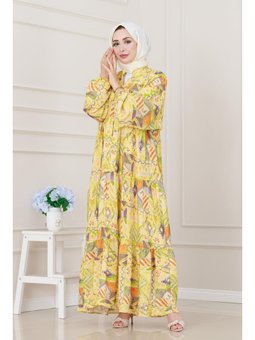 Etnik Desen Robalı Sarı Elbise
