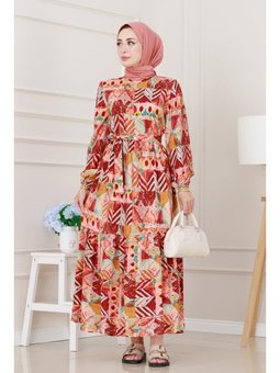 Etnik Desenli Kuşaklı Prenses Bordo Elbise