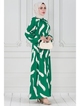 Fırça Desen Saten Yeşil Elbise