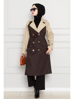 İki Renkli Kemerli Kahverengi Trençkot