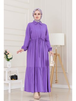 Yaka Beli Tünelli Sare Mor Gömlek Elbise