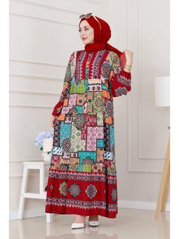 Yarım Düğmeli Robalı Yama Desen Bordo Elbise